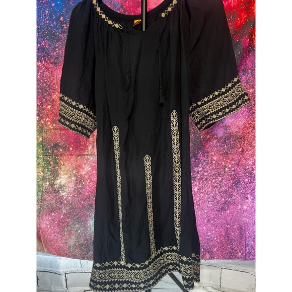 Priya Concepto Indu Dresses & Skirts - Priya Concepto Indu Black Gold Embroidered Boho Peasant Tunic Dress Medium